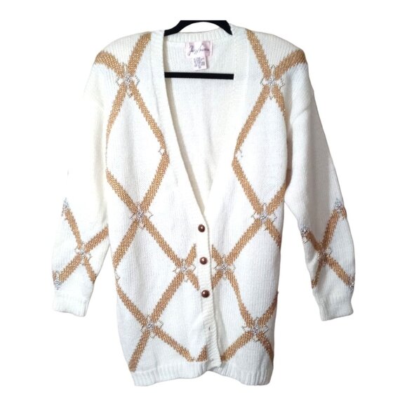 Y2k Jaclyn Smith Argyle Cardigan Sweater Medium Holiday Festive Cream Glitter Wa - Picture 5 of 9